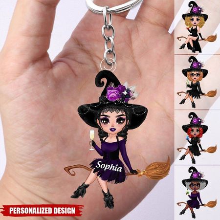 Hexenbesen reitendes geheimnisvolles Mädchen – Personalisierter Acryl-Schlüsselanhänger – Das beste personalisierte Halloween-Geschenk